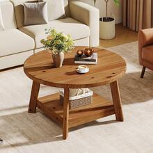 LITTLE TREE Farmhouse Round Coffee Table, Solid Wood 2-Tier Accent Table With Storage Shelf & Tapered Legs For Small Spaces - Apricot - View 4
