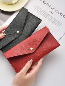 荔枝纹钱包 - 超薄轻巧大容量可折叠信封式按扣钱包，女士现金卡包，旅行必备收纳包（深棕色/红色/绿色/黑色），日常配饰 | 简约设计 | 时尚 - 彩色 - 查看 4