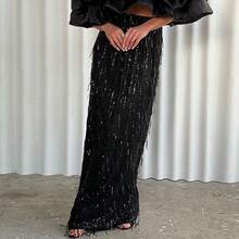 HY078 Fashion Tassel Sequin Skirt For Women Bingbing Sequin Party Dress Long Skirt For Women - 黑色 - 查看 6