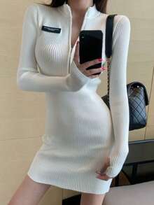 法式时尚半高领拉链针织修身半裙，显瘦性感，秋冬新款