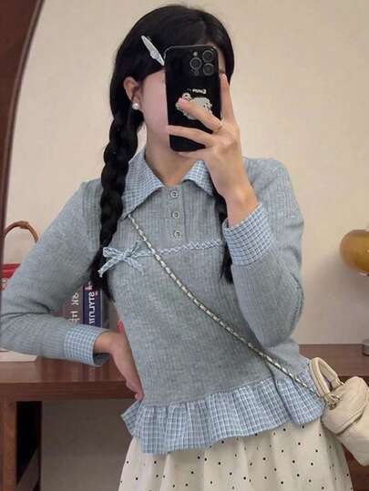 Stylish Plaid Patchwork 2 In 1 Bow Polo Collar Button Short T-Shirt
