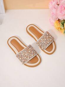 1 双夏季儿童拖鞋，时尚优雅，镶有水钻珍珠，适合小女孩和学生穿着，平底露趾圆头公主拖鞋（手工镶嵌水钻位置略有偏差） - 香檳色 - 查看 8