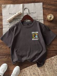 Tween Boy "Italian Brainrot" Graphic Print Round Neck Short Sleeve T-Shirt, Fashion Boys Summer Top - Dark Grey - View 7
