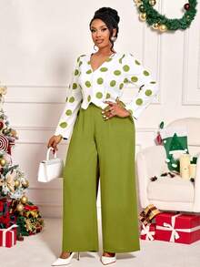 BIUBIU Damen Große Größen Herbst und Winter Pendler Alltags Lässig V-Ausschnitt Langarm Asymmetrischer Saum Kontrast Polka Dot Top und Taille gerade Hose Zweiteiler Set