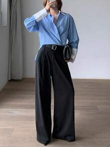 Nuova camicia casual elegante e alla moda, con colletto, maniche lunghe, a righe e con colori a contrasto, adatta per vacanze, ufficio, brunch - Blu - Visualizzare 5