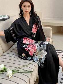 Vintage Chinese Style Loose Fit Long Cover Up, Elegant Printed Niche Design Kimono, Casual Tie-Waist Robe, Sleepwear, Homewear, Lightweight Jacket, Beach Cover-Up, Sun Protection - Black - View 1
