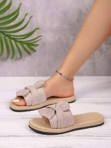 Papuci de damă gri, casual, la modă, minimalisti, drăguți, versatili, confortabili pentru casă, plajă, exterior, cumpărături, decor cu fundă, potriviți pentru primăvară, vară, toamnă, iarnă, material textil, sandale gri cu vârful rotund și plat