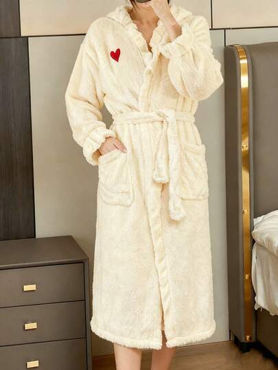 Women Flannel Solid Color Elegant V-Neck Long Sleeve Waisted Robe,Heart Print Belted Flannel Robe, Women's Solid Color Wool Casual Robe,Collar Belted Flannel Sleep Robe,Autumn/Winter Warm Thermal Lined Hooded Loose Long Sleeve Flannel Bathrobe With Pockets,Heart Print Belted Flannel Robe,Autumn/Winter,Fall Cozy And Elegant Details, Vacation