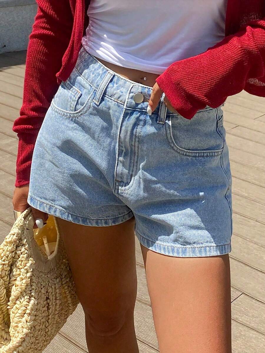 Women's High Waist Denim Shorts, Vintage Washed, Loose Fit, Casual Retro Style, Summer Fashion - Medium Wash - View 1