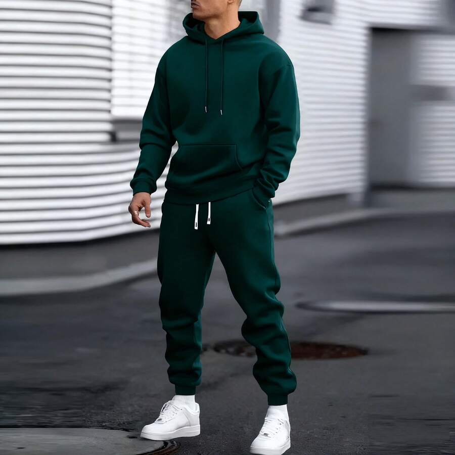 Men's Autumn Suit Casual Sports Solid Color Hoodie Men's Two-Piece Set Loose Sweatshirt Men's Clothing - Dark Green - View 1