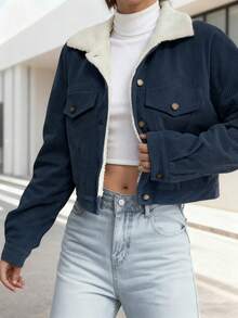 Women's Autumn & Winter Warm Fleece-Lined Corduroy Jacket - Multi - Color Stylish Thermal Cropped Outerwear, Cold - Proof Fashionable Fuzzy Jacket For Ladies