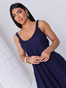 Plain  Trapeze Dress - Màu xanh hải quân - Xem 7