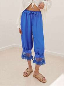 Women Y2K Half Slip Under Dress Pettipants Mid Rise Lace Patchwork Bloomers Trousers Ruffle Pantaloons Cropped Flared Pants Cute Pumpkin Long Pants - 藍色 - 查看 3