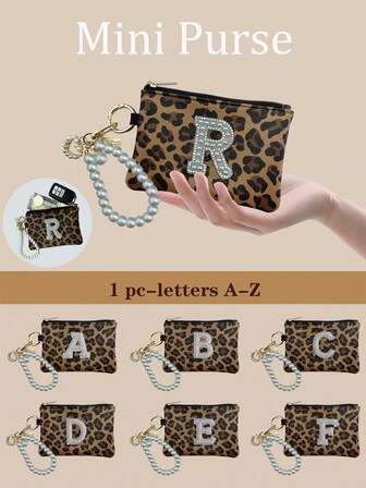 Monedero pequeño y lindo, portacartas de mujer con estampado de leopardo de moda con letras de la A a la Z, cadena de perlas desmontable, bolsa con cremallera para llaves de coche, llavero desmontable, soporte para lápiz labial, bolsa para auriculares Bluetooth, regalo para esposa, novia, hija, madre, fiesta de vacaciones