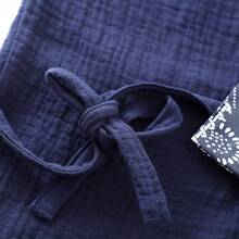 男士棉纱拼接抽绳开襟浴袍，柔软舒适休闲家居服，七分袖 - 水鴨藍 - 查看 8