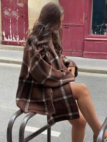 كارديجان فضفاض مربع مطبوع محبوك للنساء، شتوي - بني - مشاهدة 4