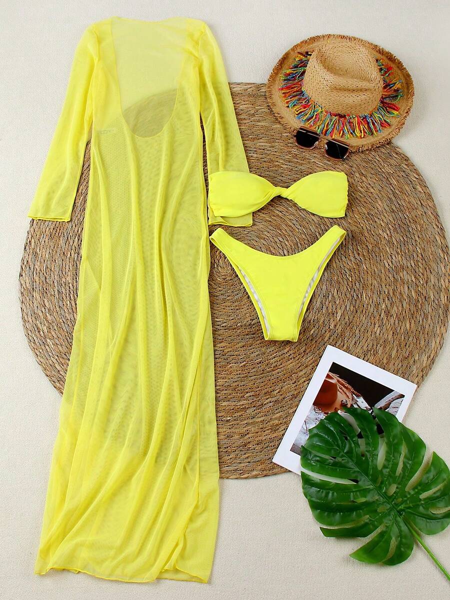Women's Summer Bandeau Bikini Set, Sheer Long Sleeve Cover-Up, High Slit Swim Bottoms, Backless Tie Sexy Swimsuit - Yellow - View 1