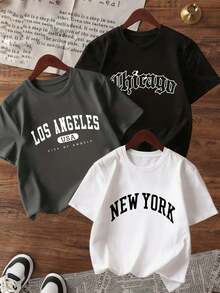 3pcs Tween Boy Casual Graphic Print Crew Neck Short Sleeve T-Shirts, Summer Tops