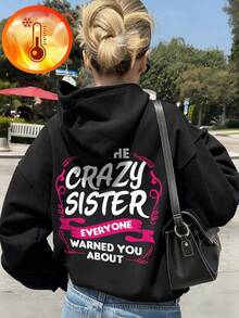 1pc Tween Girl Casual Printed Pullover Sweatshirt, Thermal Lined, Long Sleeve, Autumn/Winter Student Youth Clothing - Black - View 7