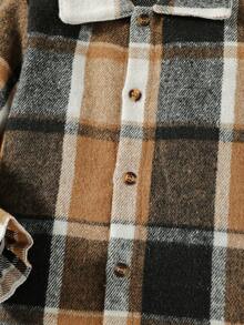 Young Girls Elegant & Cute Loose Mid-Length Flared Hem Woolen Coat, Classic Plaid Versatile Long Sleeve Warm Outerwear, Autumn/Winter Children Clothing - Coffee Brown - View 5