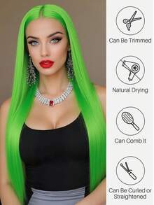 绿色长直蕾丝前假发，预先拔毛，绿色13x4合成蕾丝前假发，女士款，耐热，24英寸 - 綠色 - 查看 6