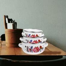 Enamel Stock Pot Set With Lid 3pcs Retro Flower Design Stew And Bean Cooking Pots Enamelware Pasta Pots With Flat Bottom For Gas Stoves Dural Handles For Easy Grip Dishwasher  Ideal For Home Cooks Compact Kitchen Essentials Diameters: 8/7/6 Inches - AssortedColor - View 7