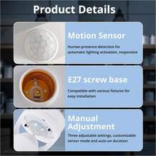 Motion Sensor Light Socket, Battery-Free, With PIR Sensor - Auto On/Off, Adjustable Delay/Sensor Mode, Compatible With E27 Smart Switch Lamp Adapter, Durable Structure, Easy Installation, Suitable For Living Room, Kitchen, Bedroom, Basement, Pantry, Closet, Garage - White - View 5