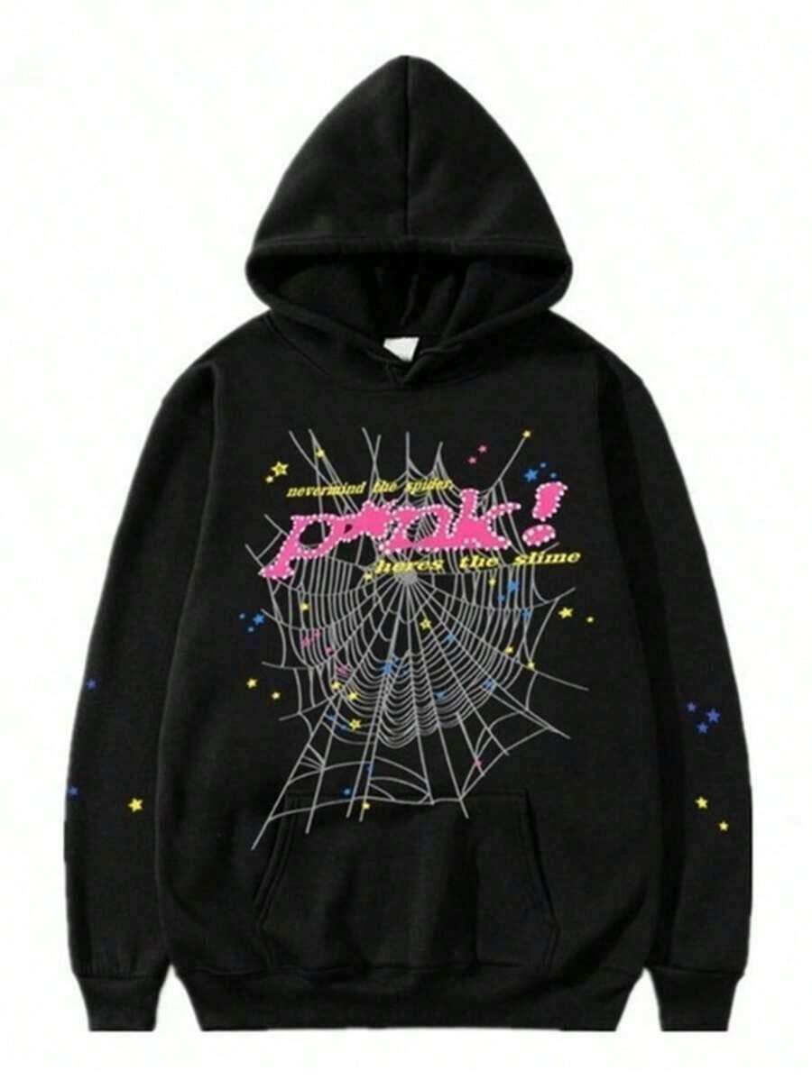 Spider Print Zipper Hoodie, Casual Long Sleeve Hoodie Coat Y2K Spider Print Hoodie, Long Sleeve, Loose Style, Polyester Material, Zipper Design, Gothic Harajuku Style, Autumn And Winter Fashion,Warm And Comfortable - 黑色 - 查看 1