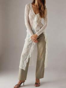 Women Long Sleeve Lace Sheer Tops Ruffle Trim Button Up Long Top Cardigans See Through Bikini Cover Ups Beach Dress - trắng - Xem 2