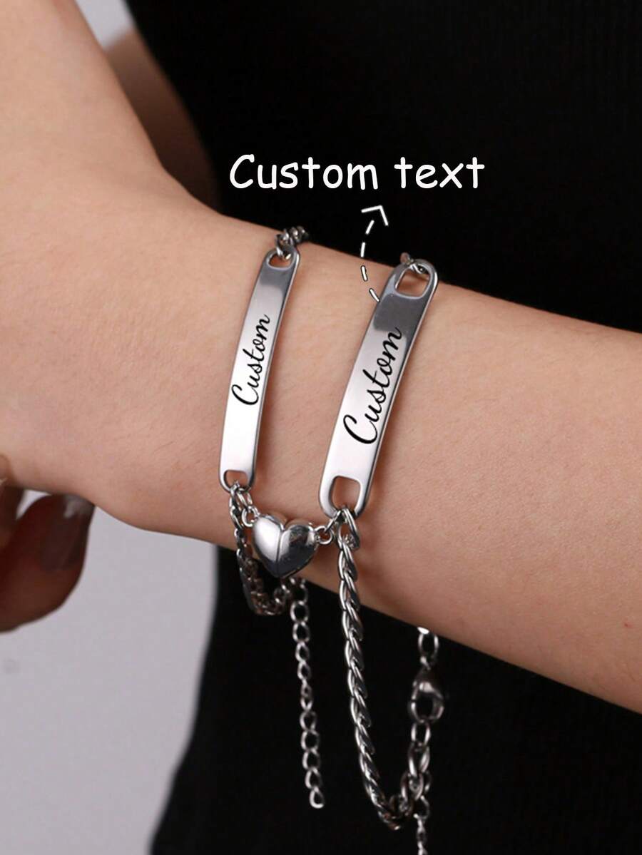 【两件套手链】朋克风定制姓名刻字条形手链，可调节男女通用不锈钢嘻哈链手链，个性化饰品，节日派对礼物，感恩节、圣诞节、情人节独特精致礼物，2024年送给女性的最佳礼物 - 磁吸套裝-銀 - 查看 1