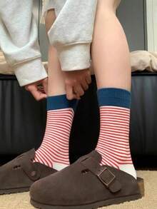 3/5/6/8/10双装女士休闲条纹中筒袜，复古风格，撞色中筒袜，四季皆宜，适合办公室休闲穿着 - 彩色 - 查看 3