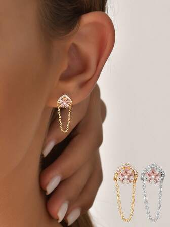 1件925纯银花朵流苏耳环，女士粉色立方氧化锆耳环，几何链条珍珠耳环，优雅可爱，精致礼物