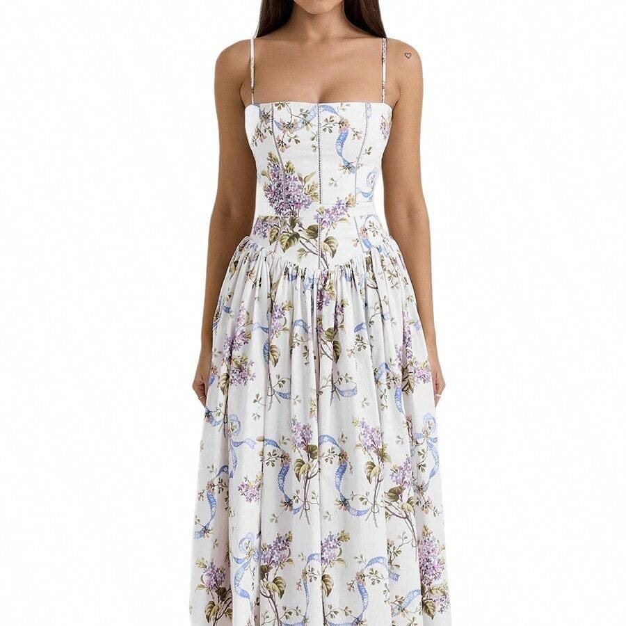 European And American Fashion Women's Floral Print Waist-Cinching Strap Dress New Summer Vacation Style French Long Dress For Women - 紫色 - 查看 1