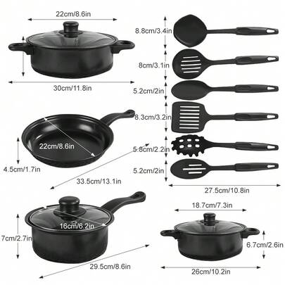 13pcs Cookware Set Collection Featuring Non-Stick Cast Iron Pots And Pans With Lids, Comprising A Frying Pan, Soup Pot, Milk Pot, And Utensils. Lightweight Kitchen Set For Both For Gas And Electric Stoves