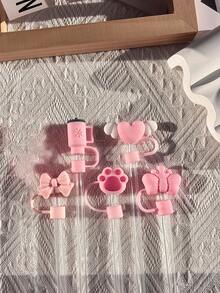 兼容斯坦利杯配件 5 件装粉色吸管盖，适用于 40 盎司和 30 盎司的杯子，10 毫米可重复使用可爱吸管盖配件，便携式保护塞装饰礼品，可爱卡通花朵吸管防尘盖 - 粉色 - 查看 6