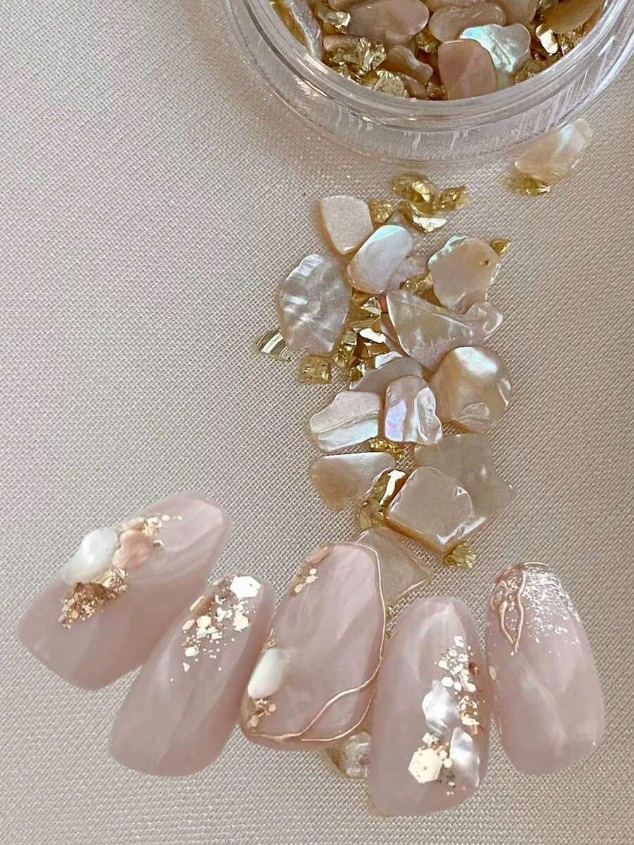 1 Box Natural Abalone Shell Nail Art Decorations, Luxury Gold Foil & Pearl Mixed Asymmetrical Shell Fragments Set, Delicate Iridescent Glow, Gentle Yet Elegant, Easy To Create High-End Bare Nail Look, Suitable For Beginners, Same Style As Wealthy Heiress - Multicolor - View 1