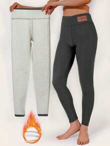 1 Piece Women's High-Waisted Fleece-Lined Leggings - Warm, Elastic, Slim-Fit Pants For Autumn And Winter, Women's Thickened Casual Sports Pants, Solid Color Non-See-Through Fabric, Shaping Legs, Thick And Warm, Suitable For Outdoor Activities, Running, Fitness, Yoga, Women's Fleece-Lined Leggings For Outer Wear, Winter Thickened Fleece Pants, Warm Loungewear Pants, Washable, Suitable For Cold Weather, Soft Lining, Elastic Fabric, Specifically For Fitness Enthusiasts-S02-3 - 灰色 - 查看 5