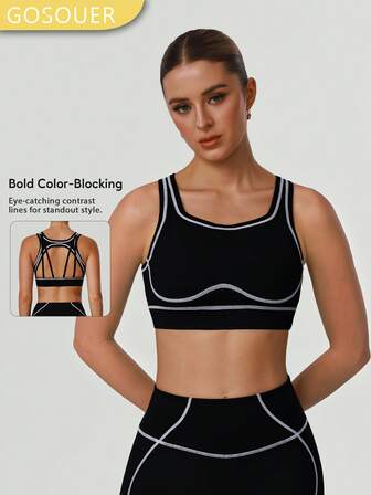 GOSOUER Conjunto de entrenamiento deportivo para mujer con top deportivo sin espalda, a rayas y con bloques de color, para correr, entrenar, hacer yoga y fitness en todas las temporadas