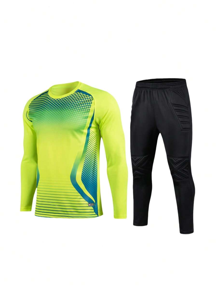 2pcs/Set Soccer Goalkeeper Jersey With Elbow Pads, Suitable For Running, Training, Matches, Long Sleeve Breathable Quick-Dry T-Shirt + Goalkeeper Pants With Protective Elastic Waist Pants - Green - View 1