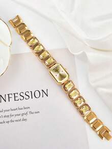 VA VA VOOM Women Square Watch Gorgeous Rhinestone Bosnia Style Fashion 27mm Gift Clock Gold & Silver & Green & Pink Stainless Steel Original Quartz Movement 3Bar Leisure & Work Girls Date Gift Couple Ladies Watch - Gold - View 4