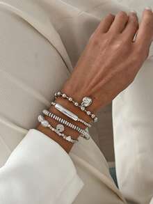 Set de 4 piezas Pulsera con colgante de corazón de cuentas de cubo geométrico bohemio CCB, elegante y de moda para fiesta, casual, vacaciones, citas de pareja, cumpleaños de mujer, regalo de joyería versátil - Pulsera - Ver 9