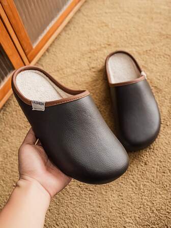 Women's Thermal-Lined Slip-On Slippers, Simple PU Upper, Warm, Fashionable Indoor Mule Slippers, Solid Color