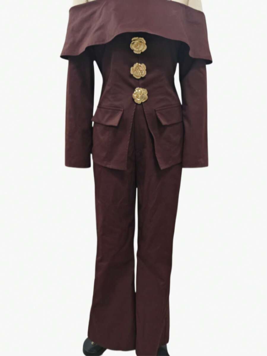 Solid Color Elegant Waist Cinched Metal Decor Off Shoulder 2 Pieces Set