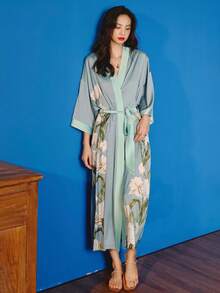复古宽松新款中国风优雅中长款时尚通勤印花和服罩衫薄外套，休闲家居服睡袍，夏季沙滩泳装罩衫，防晒外套 - 淺藍色 - 查看 8