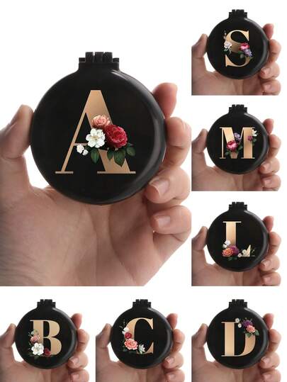 Brodark 1pc Cute 26 Letter Floral Wedding Exclusive Mini Comb, Compact & Portable Mini Air Cushion Brush With Folding Air Bag Massage, Built-In Mirror, Essential For Travel & Camping, Must-Have For Back To School