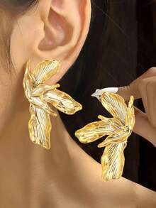 6-30pcs Gold-Plated Flower Petal & Geometric Textured C-Shaped Earring Set, Suitable For Daily Wear, Great Gift For Family, Friends And Girlfriends - Yellow Gold - View 3