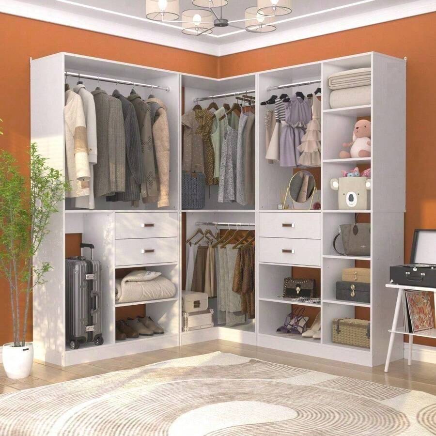 110'' Set Of 3 Corner Closet Organizer System With Wood Drawers And Hanging Rods - trắng - Xem 1