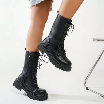 厚底中筒修身靴，2025年新款，英伦风女鞋