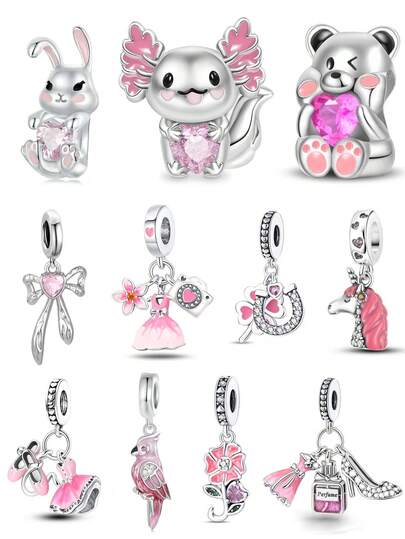 1 Pc Girls Pink Collection Salamandl & Bear & Rabbit Unicorn & Parrot & Ballet Dress & Perfume & Flowers & Lucky Clover & Love Bow Charm Beaded Pendant Necklace, Bracelet, Beaded DIY Jewelry Making Gift For Girls