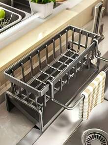 1 pièce Étagère de rangement pour éponge de cuisine efficace pour le drainage, porte-savon, en acier inoxydable plus robuste, conception en pente pour éviter l'accumulation d'eau, support indépendant pour serviette, anti-moisissure efficace, rangement de cuisine - Noir - Voir 3